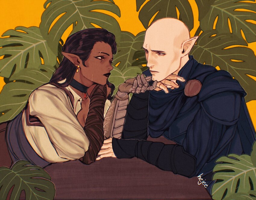 1boy 1girl bald black_lips blue_cape breasts brown_hair cape cleavage cleft_chin dark-skinned_female dark_skin dragon_age dragon_age:_inquisition elf eye_contact hand_on_another&#039;s_chin hejee hetero highres inquisitor_(dragon_age) large_breasts looking_at_another mature_male medium_hair monstera_deliciosa pointy_ears solas upper_body yellow_background