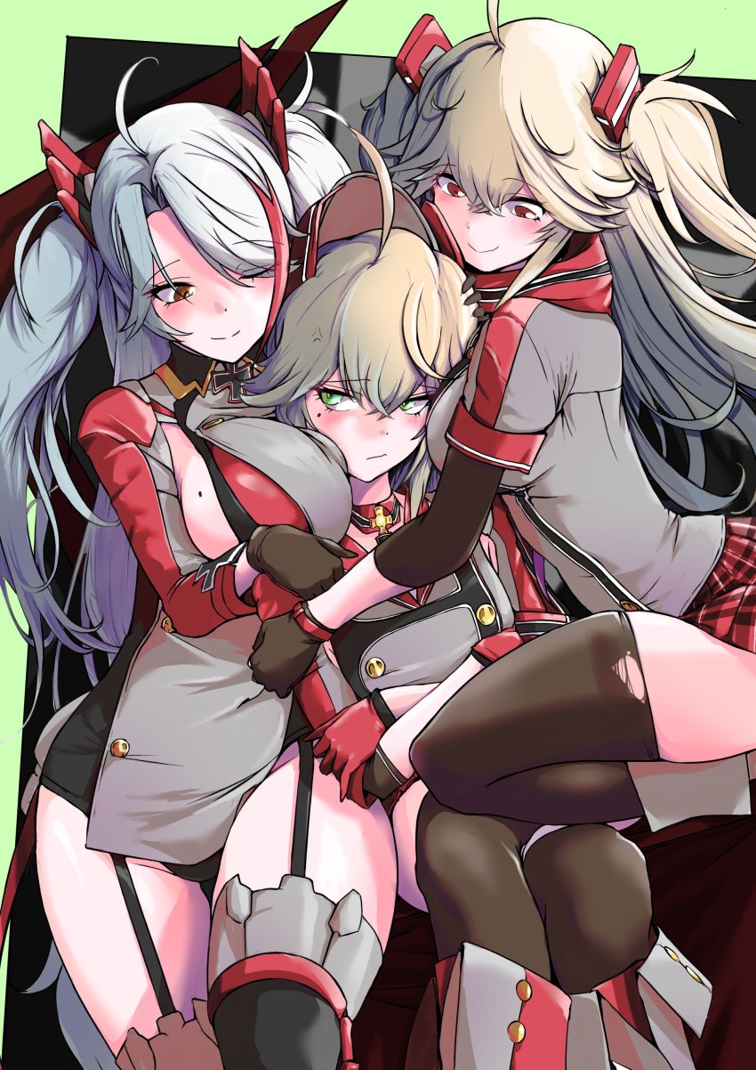 3girls absurdres admiral_hipper_(azur_lane) antenna_hair arm_hug armpit_cutout armpits azur_lane black_choker blonde_hair bluecher_(azur_lane) boots breast_envy breast_press breasts buttons choker clothing_cutout cross double-breasted flag_print garter_straps german_flag girl_sandwich green_eyes grey_hair hat highres hug iron_cross knee_boots long_hair long_sleeves mole mole_on_breast mole_under_eye multicolored_hair multicolored_scarf multiple_girls p.i.t.d panties peaked_cap prinz_eugen_(azur_lane) red_hair red_shorts sandwiched scarf shorts side_cutout sideboob smile split-color_hair streaked_hair thighhighs two_side_up underwear