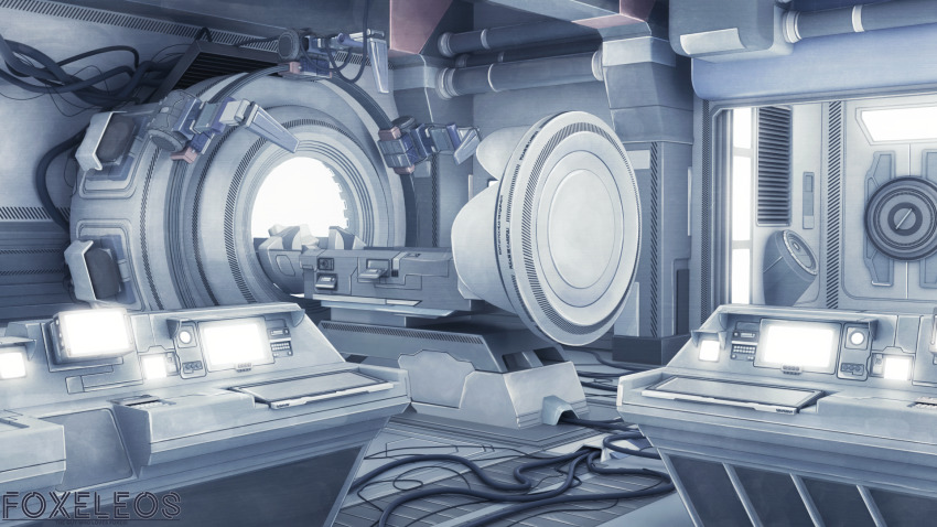 3d artist_name blender_(medium) cable commentary door english_commentary floor foxeleos grey_theme highres indoors monitor mri_scanner no_humans original photoshop_(medium) scenery screen_light tube ventilation_shaft wall wall_lamp watermark