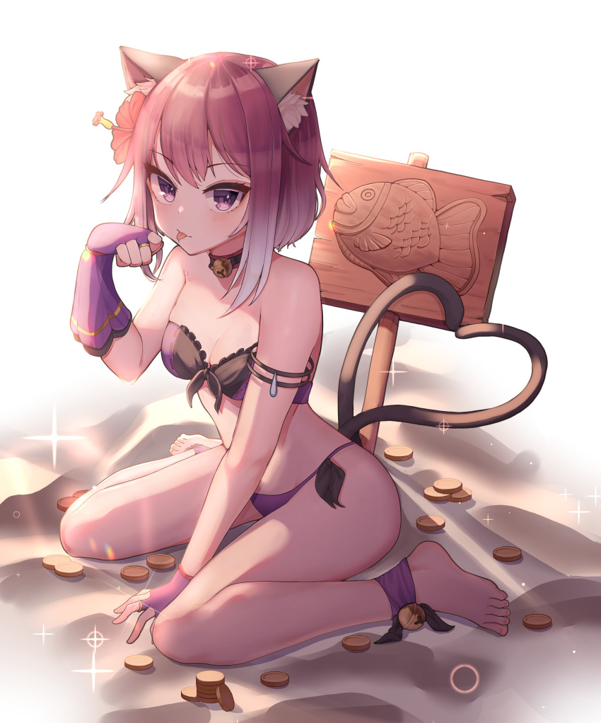 1girl absurdres animal_ear_fluff animal_ears bare_legs bare_shoulders barefoot bell breasts cat_ears cat_girl cat_tail coin commentary eyelashes feet fingerless_gloves flower forehead full_body gloves hair_flower hair_ornament heart heart_tail hibiscus highres jingle_bell looking_at_viewer medium_hair multicolored_hair multiple_tails neck_bell outdoors paw_pose pomp_(qhtjd0120) princess_connect! purple_eyes purple_gloves purple_hair sand shadow sign sitting small_breasts solo sparkle streaked_hair symbol-only_commentary tail tamaki_(princess_connect!) tamaki_(summer)_(princess_connect!) thighs toes tongue tongue_out two-tone_hair two_tails wariza white_hair