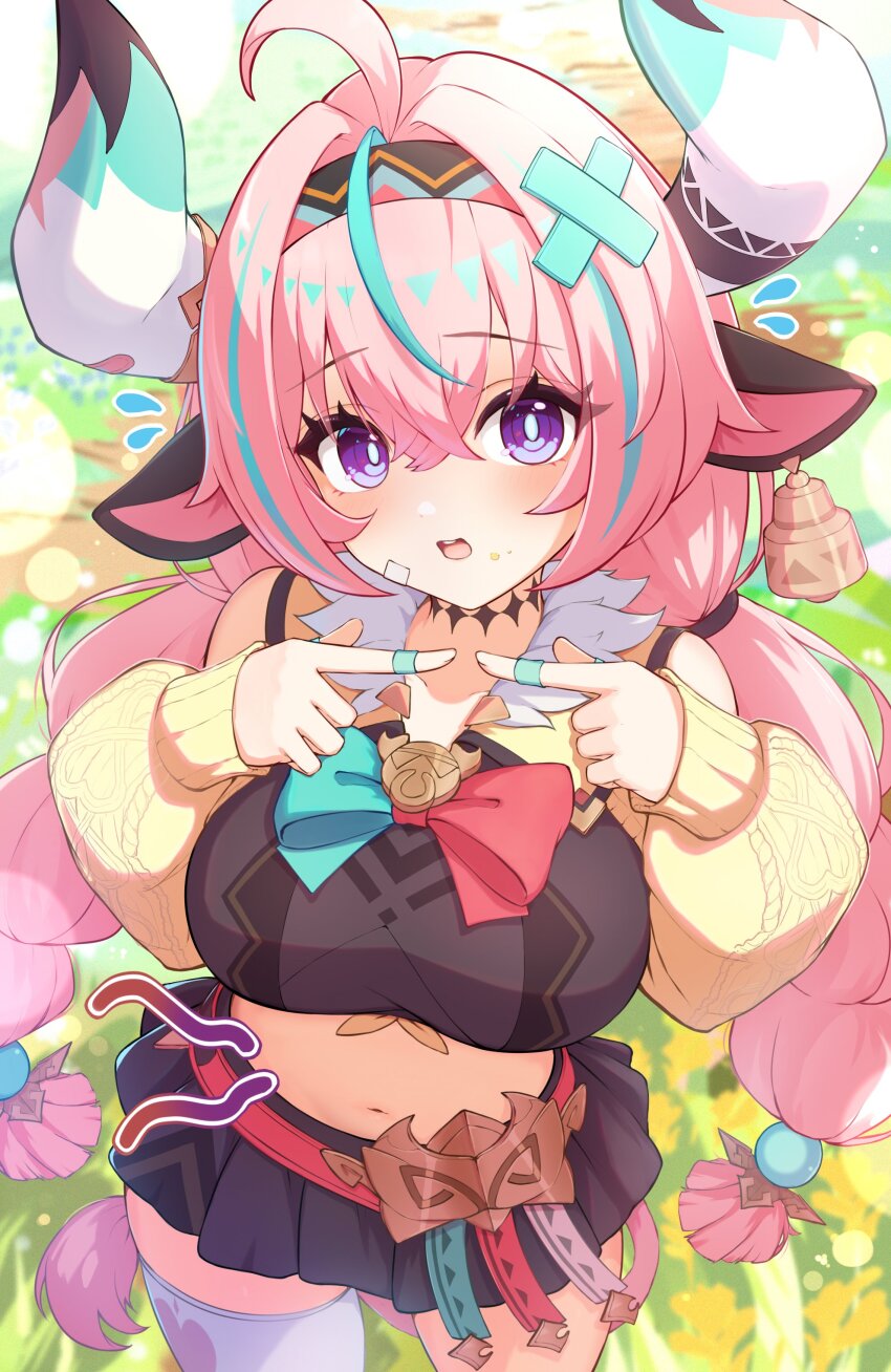 1girl absurdres ahoge animal_ears aqua_bow aqua_hair bandaid bell black_skirt blurry bow braid breasts commentary cow_ears cow_girl cow_horns cow_tail cowbell crop_top crumbs depth_of_field detached_sleeves english_commentary genshin_impact grass hair_intakes hair_ornament hairband hands_up highres horns hungry index_fingers_together large_breasts long_braid low_twin_braids midriff miniskirt multicolored_hair navel pink_bow pink_hair purple_eyes seitokai_satoo-sgr shoes single_thighhigh skirt solo streaked_hair tail thighhighs thighs twin_braids two-tone_bow two-tone_hair varesa_(genshin_impact) white_thighhighs x_hair_ornament