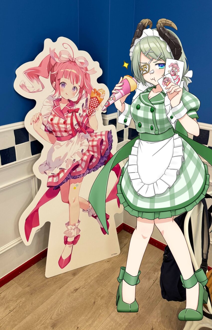 1girl :3 :t alternate_costume apron blue_eyes blush breasts cardboard_cutout commentary_request crepe cuore_0624 curled_horns demon_girl dress eating eyepatch food frilled_dress frills full_body green_dress green_footwear green_hair green_sash grey_horns hair_ornament hairclip high_heels highres holding holding_crepe holding_food holding_photo horns indoors kisaki_anko looking_at_viewer medium_breasts nanashi_inc. photo_(object) photo_background plaid_clothes plaid_dress puffy_short_sleeves puffy_sleeves purple_eyes sash sekishiro_mico short_sleeves sparkle standing swept_bangs virtual_youtuber waist_apron white_apron wooden_floor x_hair_ornament