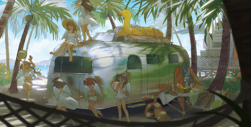 6+girls angel angel_wings ball barefoot beachball bikini blue_sky brown_hair camper_trailer closed_eyes day feathered_wings food fruit halo hat highres holding holding_ball innertube kimonogo lifebuoy long_hair multiple_girls one-piece_swimsuit original outdoors palm_tree picnic_basket recreational_vehicle sky standing summer sun_hat surfboard swim_ring swimsuit table television trailer tree watermelon white_bikini white_headwear white_one-piece_swimsuit white_wings wings yellow_innertube