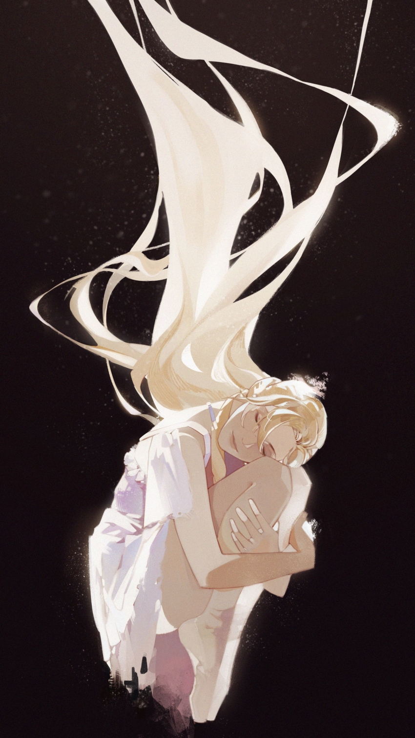 1girl absurdres bare_arms bare_legs beanetrrors black_background blonde_hair closed_eyes curled_up dress fetal_position final_fantasy final_fantasy_xiv floating_hair forehead full_body highres light_particles lips long_hair minfilia_warde plantar_flexion simple_background sleeveless sleeveless_dress solo very_long_hair white_dress white_footwear