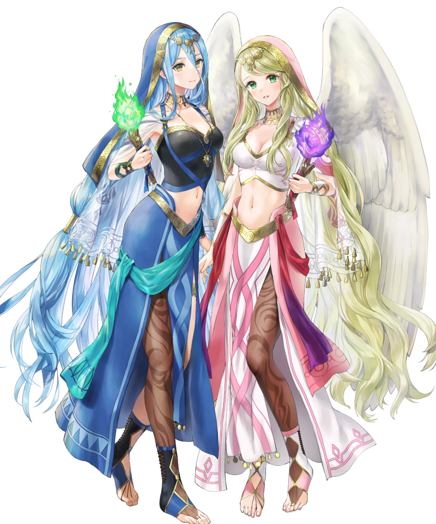 2girls azura_(fire_emblem) azura_(hatari)_(fire_emblem) blonde_hair blue_eyes breasts capelet detached_collar dress feathered_wings fire fire_emblem fire_emblem:_radiant_dawn fire_emblem_fates fire_emblem_heroes full_body gold_trim green_eyes habit highres holding jewelry kaya8 leanne_(fire_emblem) leanne_(hatari)_(fire_emblem) long_hair medium_breasts midriff multiple_girls navel necklace nintendo non-web_source official_art pantyhose see-through_clothes simple_background stomach toes torch transparent_background very_long_hair wings yellow_eyes