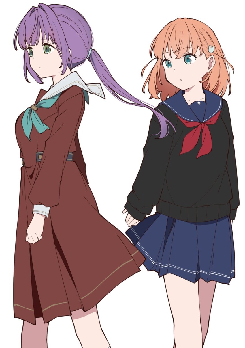 2girls aqua_eyes aqua_neckerchief black_sweater blue_sailor_collar blue_skirt breasts brown_dress cerise_bouquet dress feet_out_of_frame floating_hair green_eyes hair_intakes hair_ornament hasu_no_sora_school_uniform highres hinoshita_kaho link!_like!_love_live! liz_(piyoko_piyop) long_sleeves looking_at_another love_live! low_ponytail medium_breasts medium_dress medium_hair miniskirt multiple_girls neckerchief official_alternate_hairstyle orange_hair otomune_kozue parted_lips pleated_dress pleated_skirt ponytail purple_hair rabbit_hair_ornament red_neckerchief sailor_collar sailor_dress school_uniform serafuku sidelocks simple_background skirt sleeves_past_wrists sweater two_side_up virtual_youtuber walking white_background white_sailor_collar winter_uniform