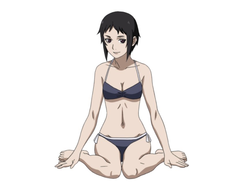 bikini black_hair breasts brown_eyes ga-rei ga-rei_zero highres medium_breasts nikaidou_kiri official_art short_hair sitting swimsuit