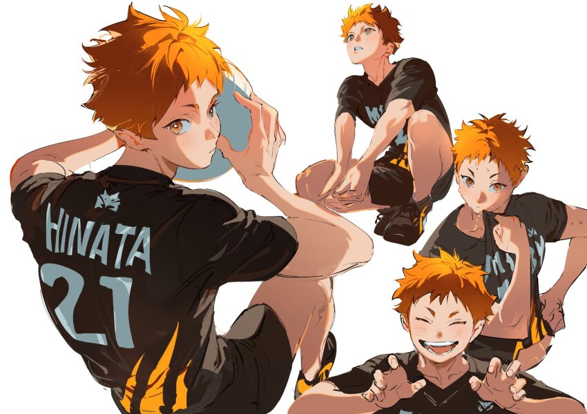1boy arms_up atie1225 ball black_footwear black_shirt black_shorts character_name closed_eyes closed_mouth commentary haikyuu!! highres hinata_shouyou holding holding_ball kneeling looking_ahead looking_to_the_side looking_up male_focus multiple_views open_mouth orange_eyes orange_hair own_hands_together playing_sports shirt shoes short_sleeves shorts simple_background sneakers sportswear sweat sweatdrop symbol-only_commentary teeth tongue volleyball volleyball_(object) volleyball_uniform white_background wiping wiping_face