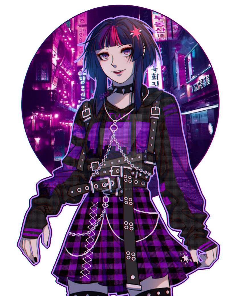 1girl :d artist_name belt black_belt black_choker black_gloves black_hoodie black_nails blunt_bangs border breasts chain character_name choker chromatic_aberration colored_skin commentary cowboy_shot cross-laced_clothes cross-laced_skirt cutie_mark e-girl english_commentary eyeshadow facial_mark gloves grey_skin grin high-waist_skirt highres hood hood_down hoodie jewelry long_sleeves looking_at_viewer makeup miniskirt multicolored_hair multiple_belts my_little_pony my_little_pony:_friendship_is_magic nail_polish necklace open_mouth outline outside_border pink_eyes pink_hair plaid_clothes plaid_skirt pleated_skirt puffy_long_sleeves puffy_sleeves purple_gloves purple_hair purple_hoodie purple_outline purple_skirt red_eyeshadow red_lips riariirii round_border short_hair_with_long_locks skirt small_breasts smile solo spiked_choker spikes standing streaked_hair striped_clothes striped_gloves thighhighs twilight_sparkle two-tone_gloves two-tone_hair two-tone_hoodie white_border zettai_ryouiki