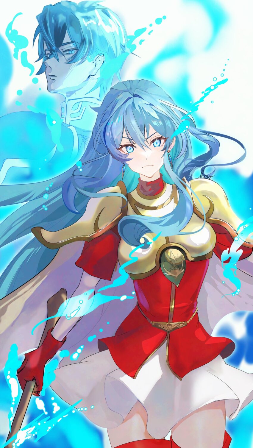 1boy 1girl aqua_eyes aqua_hair armor aura breastplate brother_and_sister cape closed_mouth earrings eirika_(emblem)_(fire_emblem) eirika_(fire_emblem) ephraim_(emblem)_(fire_emblem) ephraim_(fire_emblem) fire_emblem fire_emblem:_the_sacred_stones fire_emblem_engage fire_emblem_heroes gloves hair_between_eyes highres jewelry long_hair looking_at_viewer nanashi_kuno nintendo pauldrons red_gloves red_shirt shirt short_hair short_sleeves shoulder_armor siblings skirt twins white_background white_skirt