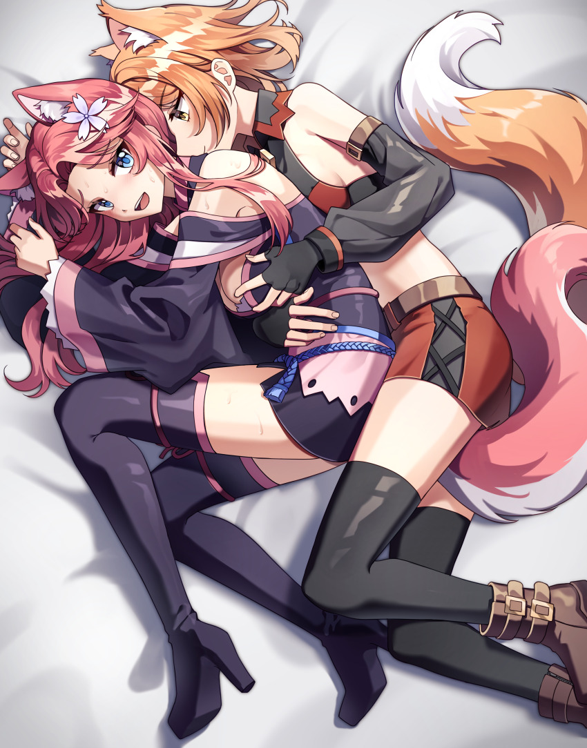 2girls absurdres animal_ears artist_request black_thighhighs blue_eyes blush commission commissioner_upload embarrassed fox_ears fox_tail fox_tamer_(sakura_dungeon) grabbing_another&#039;s_breast groping highres hug hug_from_behind japanese_clothes kimono lying miniskirt multiple_girls non-web_source on_bed orange_hair sakura_dungeon skirt sweat tail thighhighs yomi_(sakura_dungeon) yuri