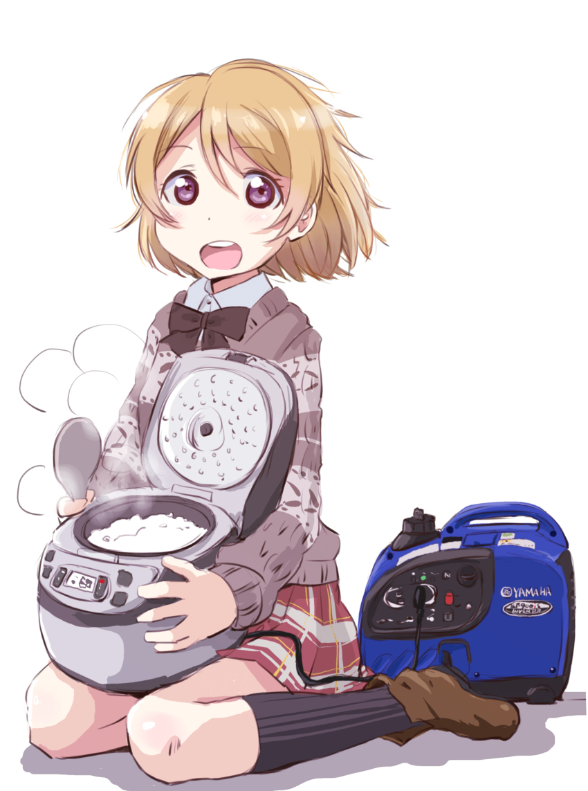 1girl :d absurdres black_bow black_bowtie black_socks boots bow bowtie brown_boots brown_hair collared_shirt dress_shirt full_body generator grey_sweater hair_between_eyes hashtag-only_commentary highres holding koizumi_hanayo long_sleeves looking_at_viewer love_live! love_live!_school_idol_project maruyo miniskirt on_lap open_mouth plaid_clothes plaid_skirt pleated_skirt purple_eyes red_skirt ribbed_socks rice rice_cooker shamoji shirt short_hair simple_background sitting skirt smile socks solo steam sweater teeth upper_teeth_only wariza white_background white_shirt