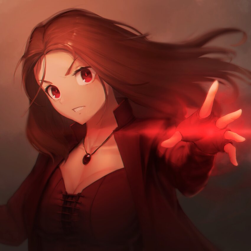 1girl absurdres avengers:_age_of_ultron avengers_(series) black_dress breasts brown_background cleavage collarbone commentary dress english_commentary highres jacket jewelry large_breasts long_hair looking_at_viewer marvel marvel_cinematic_universe necklace numanoan parted_lips reaching reaching_towards_viewer red_eyes red_hair red_jacket scarlet_witch solo upper_body wanda_maximoff x-men