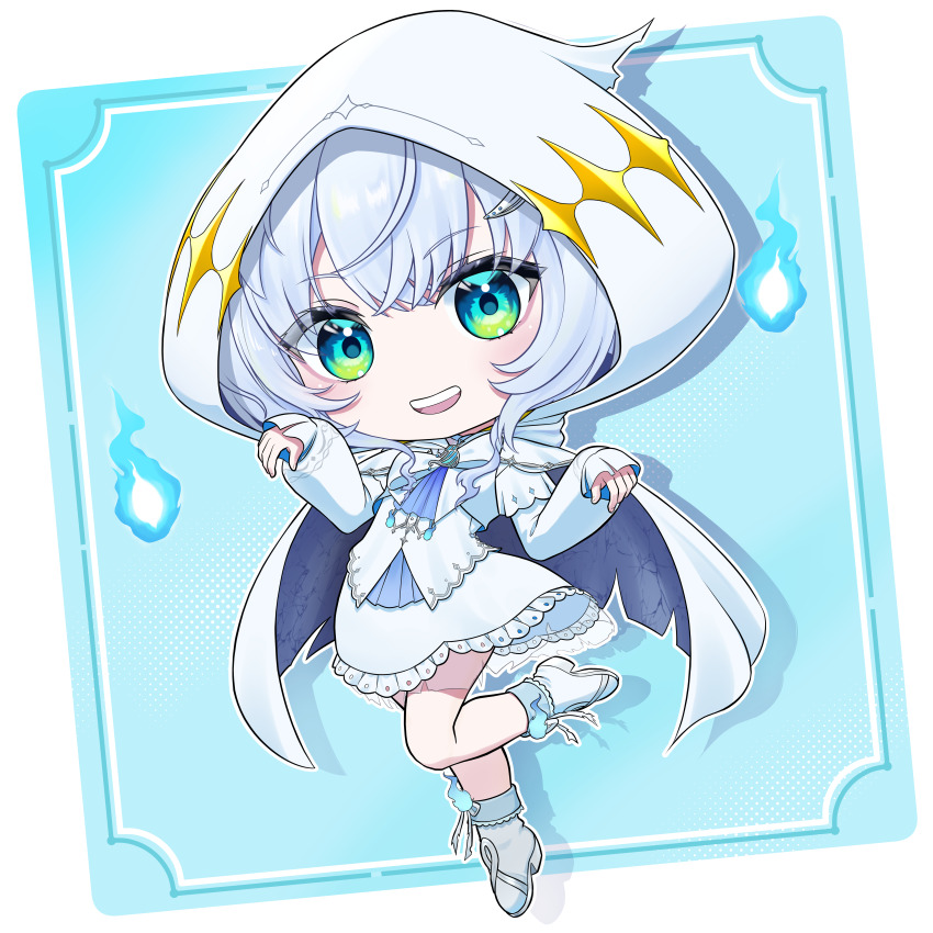 1girl :d absurdres ascot blue_ascot blue_background blue_eyes blue_fire blush boots briareos cape chibi chibi_only commentary_request dress fire frilled_dress frills full_body highres hitodama hood hood_up hooded_cape kasukane_shino large_variant_set looking_at_viewer nanashi_inc. open_mouth shadow short_hair smile solo standing standing_on_one_leg variant_set virtual_youtuber white_background white_boots white_cape white_dress white_hair