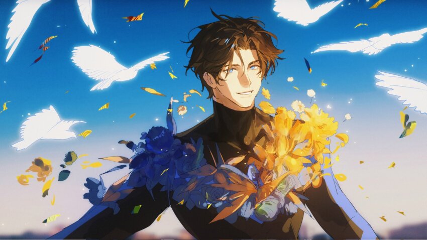 1boy animal batman_(series) bird black_hair blue_eyes bodysuit chashu_gu_lao_ge_tang commentary dc_comics dick_grayson dove falling_petals flower flower_wreath highres long_sleeves looking_at_viewer male_focus nightwing outdoors parted_hair petals short_hair sky smile solo superhero_costume symbol-only_commentary teeth upper_body white_bird yellow_flower