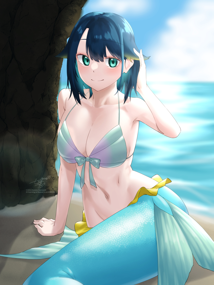 1girl awono_nanaumi bikini blue_hair breasts cleavage closed_mouth collarbone fukami_nana_(awono_nanaumi) green_eyes hair_flaps hand_up highres large_breasts mermaid monster_girl navel ocean original outdoors short_hair signature smile solo swimsuit