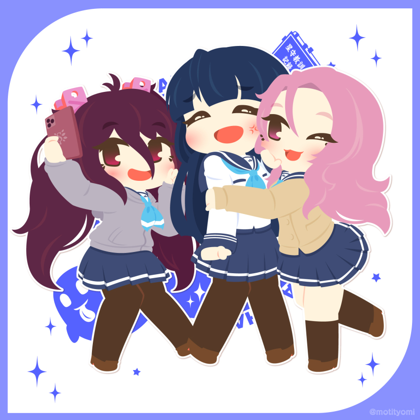 3girls anger_vein battle_girl_high_school blue_border blue_neckerchief blue_skirt border brown_pantyhose brown_socks brown_sweater chibi chibi_only grey_sweater highres kusunoki_asuha motyomi multiple_girls neckerchief one_eye_closed open_mouth pantyhose pink_hair pleated_skirt selfie serizawa_renge shirt skirt socks sparkle sweater tsubuzaki_anko twintails white_shirt