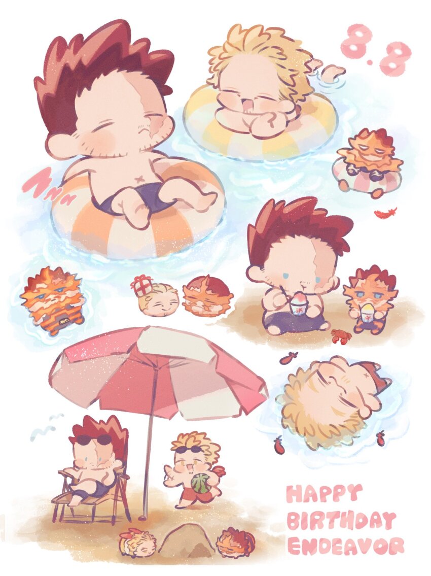 2boys blonde_hair blue_eyes blue_male_swimwear boku_no_hero_academia character_name chibi closed_eyes commentary_request dated endeavor_(boku_no_hero_academia) facial_hair feathers fire food fruit goatee_stubble happy_birthday hawks_(boku_no_hero_academia) highres holding holding_food holding_fruit holding_watermelon lying male_focus male_swimwear mentosucyan multiple_boys mustache_stubble on_back open_mouth pyrokinesis red_hair red_wings scar scar_on_face shaved_ice short_hair sitting sparse_stubble stubble topless_male umbrella watermelon wings x_navel
