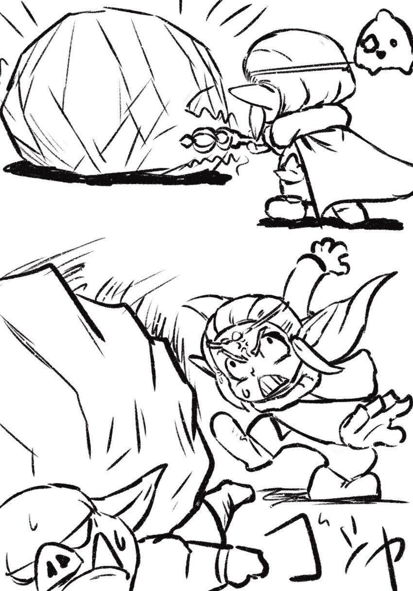 1boy 1girl 2024 anger_vein artist_name attack boulder cape chibi clenched_teeth comic commentary cong1991 fangs gameplay_mechanics highres long_hair long_sleeves moblin monochrome motion_lines nintendo pants pointy_ears princess_zelda shoes simple_background staff teeth the_legend_of_zelda the_legend_of_zelda:_echoes_of_wisdom throwing tiara tri_(zelda) v-shaped_eyebrows white_background
