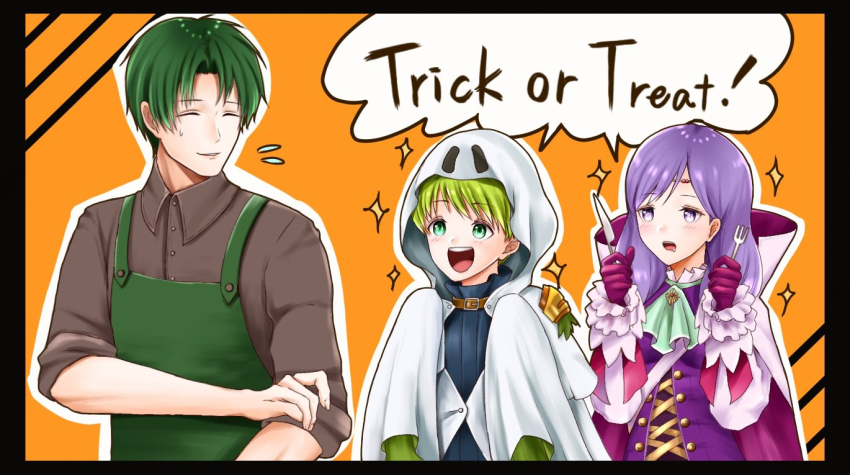 1girl 2boys aplche apron ascot brothers closed_eyes collared_cape commentary_request fire_emblem fire_emblem:_path_of_radiance fire_emblem_heroes fork ghost_costume green_apron green_eyes green_hair halloween_costume high_collar holding holding_fork holding_knife ilyana_(fire_emblem) ilyana_(halloween)_(fire_emblem) knife long_hair multiple_boys nintendo official_alternate_costume open_mouth oscar_(fire_emblem) purple_eyes purple_hair rolf_(fire_emblem) rolf_(halloween)_(fire_emblem) short_hair siblings sleeves_rolled_up speech_bubble trick_or_treat