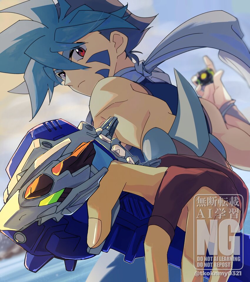 1girl absurdres bakuten_shoot_beyblade bare_shoulders beyblade beyblade_(object) blue_hair brown_gloves facial_mark fingerless_gloves gloves highres hiwatari_kai holding male_focus red_eyes solo tkoknmy0321 upper_body