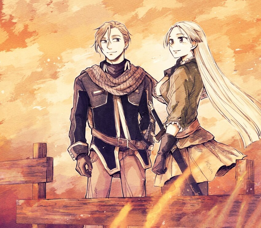 1boy 1girl black_gloves blonde_hair breasts chris_lightfellow closed_mouth fence gensou_suikoden gensou_suikoden_iii gloves long_hair long_sleeves nash_latkje ruruo_(p76) scarf skirt smile white_hair