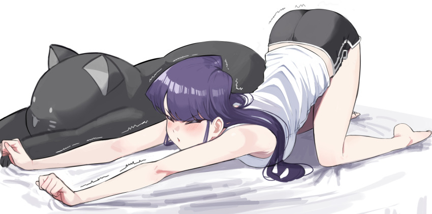 1girl all_fours ass ayatak0517 barefoot bed_sheet black_shorts blush cat_stretch clenched_hands closed_eyes commentary_request full_body highres komi-san_wa_komyushou_desu komi_shouko long_hair open_mouth outstretched_arms purple_hair short_shorts shorts simple_background solo stretching stuffed_animal stuffed_cat stuffed_toy tank_top thighs trembling v-shaped_eyebrows white_background white_tank_top