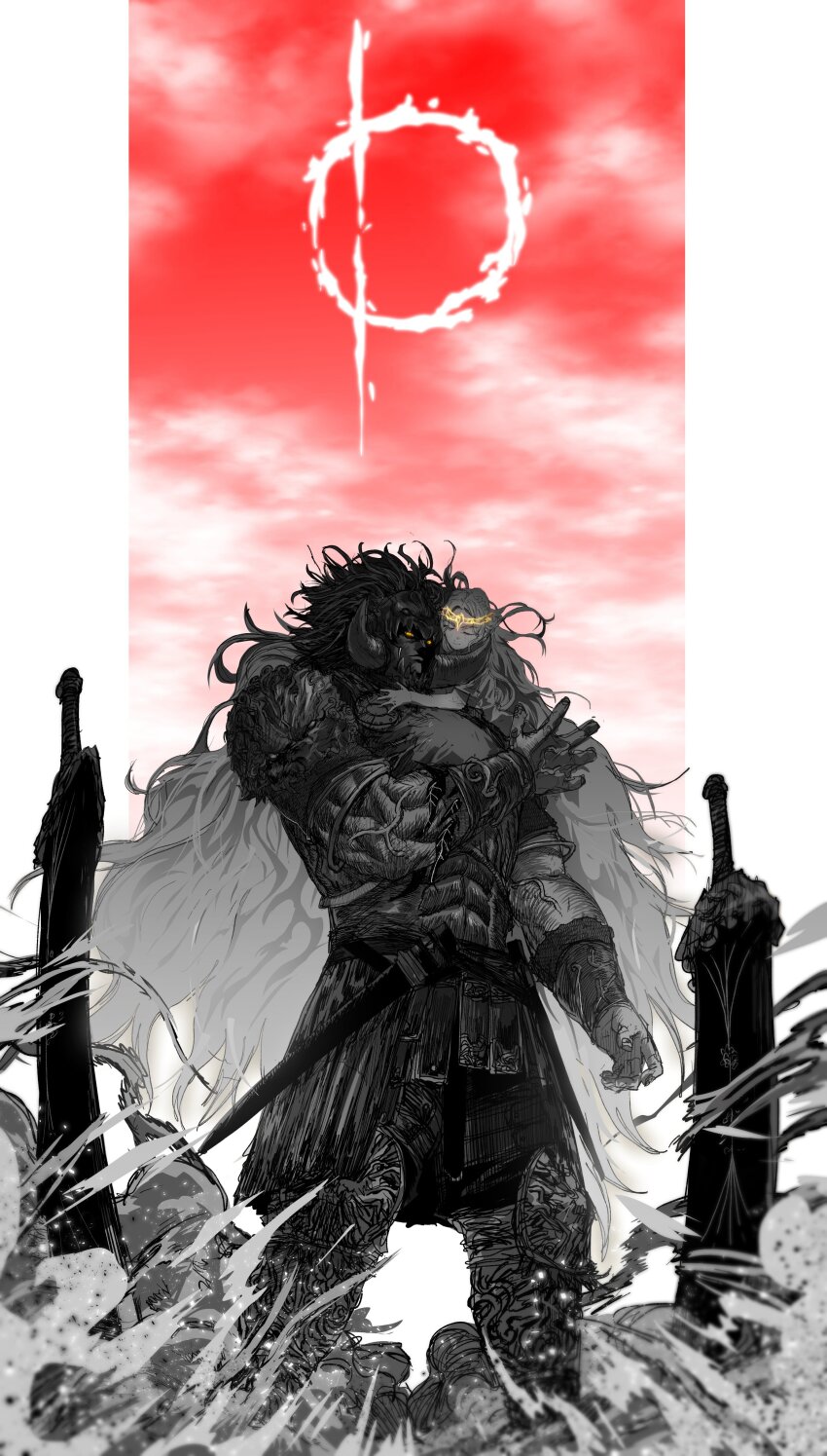 2boys absurdres androgynous armor arms_around_neck braid brothers carrying carrying_person circlet closed_eyes elden_ring elden_ring:_shadow_of_the_erdtree fake_horns full_body greyscale_with_colored_background half-siblings helmet highres horned_helmet horns long_hair looking_at_viewer male_focus miquella_(elden_ring) monochrome multiple_boys multiple_braids ornate_armor piggyback promised_consort_radahn robe siblings sorage_(f91_qhb0019) sword tall_male very_long_hair weapon yellow_eyes