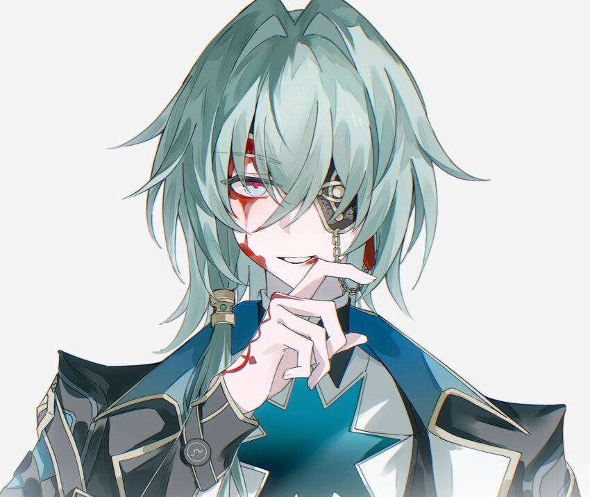 1boy anaxa_(honkai:_star_rail) black_jacket blood blood_on_face blue_eyes grin hand_tattoo hand_up highres honkai:_star_rail honkai_(series) jacket looking_at_viewer male_focus medium_hair red_tattoo side_ponytail simple_background smile solo tattoo teeth thorn72132528 upper_body white_background