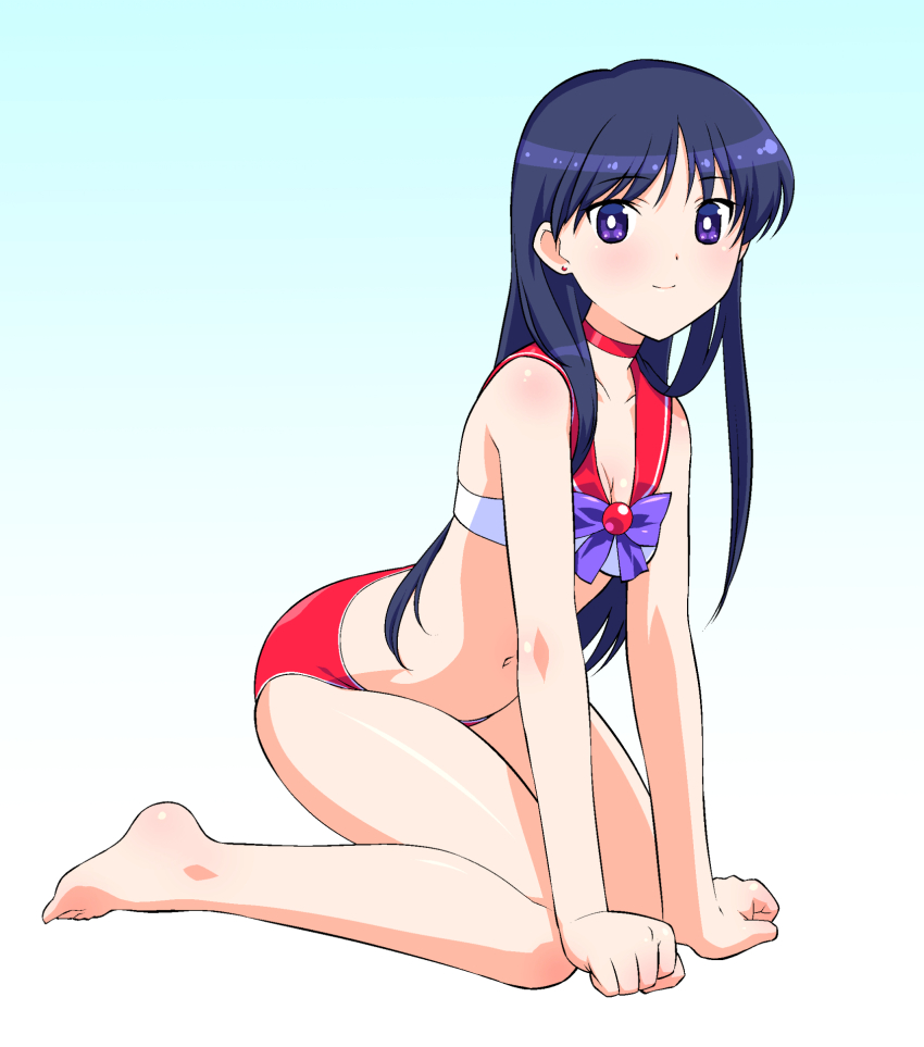 1girl adapted_costume bare_arms bare_legs bare_shoulders barefoot bikini bishoujo_senshi_sailor_moon black_hair bow breasts bright_pupils choker cleavage closed_mouth collarbone earrings full_body gradient_background highres himehachi_(hime8manga) hino_rei jewelry long_hair mismatched_bikini navel purple_bow purple_eyes red_choker red_sailor_collar sailor_bikini sailor_collar sailor_mars smile solo swimsuit white_pupils