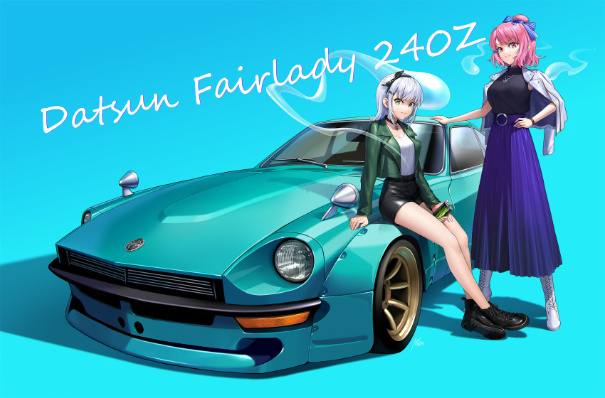 2girls alternate_costume aqua_theme bare_shoulders black_choker black_footwear black_hairband black_jacket black_ribbon black_skirt blue_background blue_theme blush bow breasts car choker cleavage collarbone contemporary datsun datsun_240z green_eyes green_skirt hair_between_eyes hair_ribbon hairband highres holding jacket konpaku_youmu konpaku_youmu_(ghost) large_breasts long_sleeves looking_at_viewer masin0201 miniskirt motor_vehicle multiple_girls neck_ribbon nissan_fairlady nissan_fairlady_z no_headwear off_shoulder parted_lips pencil_skirt pink_eyes pink_hair ribbon saigyouji_yuyuko shadow shirt shoes short_hair short_sleeves sitting skirt skirt_set smile standing touhou vehicle_focus vest white_shirt