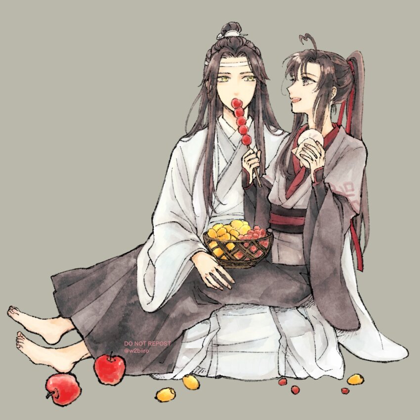 2boys ahoge apple barefoot basket black_hair black_hanfu chinese_clothes couple eating food fruit fruit_basket full_body grey_background grey_eyes hair_ribbon hanfu headband heart heart_ahoge high_ponytail highres holding holding_food lan_wangji long_hair long_sleeves looking_at_another loquat male_focus modao_zushi multiple_boys open_mouth ponytail red_ribbon ribbon robe sash sidelocks simple_background sitting sitting_on_lap sitting_on_person smile steamed_bun tanghulu topknot twitter_username w2biiro watermark wei_wuxian white_hanfu white_headband wide_sleeves xiao_guan_(headdress) yaoi yellow_eyes