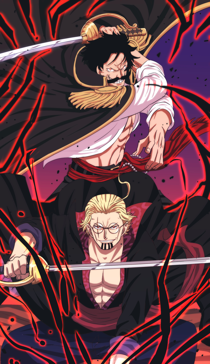 2boys absurdres black_coat black_kimono blonde_hair coat commentary_request epaulettes facial_hair glasses gol_d._roger highres holding holding_sword holding_weapon incoming_attack japanese_clothes kimono male_focus multiple_boys musasabiop mustache one_piece red_sash sash scar scar_across_eye scar_on_face shirt silvers_rayleigh smile sword weapon white_shirt