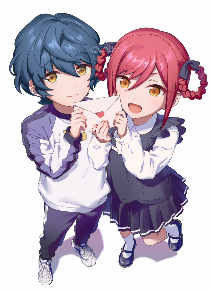 2boys aged_down aoba_tsumugi black_bow black_footwear black_pants black_shirt black_skirt blue_hair bow braid braided_hair_rings child closed_mouth crossdressing dark_blue_hair e_ki ensemble_stars! foreshortening frilled_straps from_above full_body hair_between_eyes hair_bow hair_rings hand_up hands_up highres holding holding_letter knee_up letter long_sleeves looking_ahead looking_at_viewer male_focus mary_janes multiple_boys open_mouth pants peter_pan_collar pleated_skirt raglan_sleeves red_hair sakasaki_natsume shadow shirt shoes shoulder-to-shoulder side-by-side sidelocks simple_background skirt smile sneakers socks standing standing_on_one_leg swept_bangs track_pants trap twitter_username white_background white_footwear white_shirt white_socks yellow_eyes