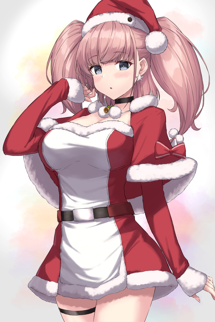 1girl absurdres atlanta_(christmas)_(kancolle) atlanta_(kancolle) bell black_choker blush breasts brown_hair capelet choker cleavage cowboy_shot earrings fingernails grey_eyes hat highres jewelry kantai_collection large_breasts long_hair long_sleeves looking_at_viewer monoku official_alternate_costume parted_lips pom_pom_(clothes) red_capelet red_hat santa_hat single_earring sleeves_past_wrists solo star_(symbol) star_earrings thigh_strap two_side_up