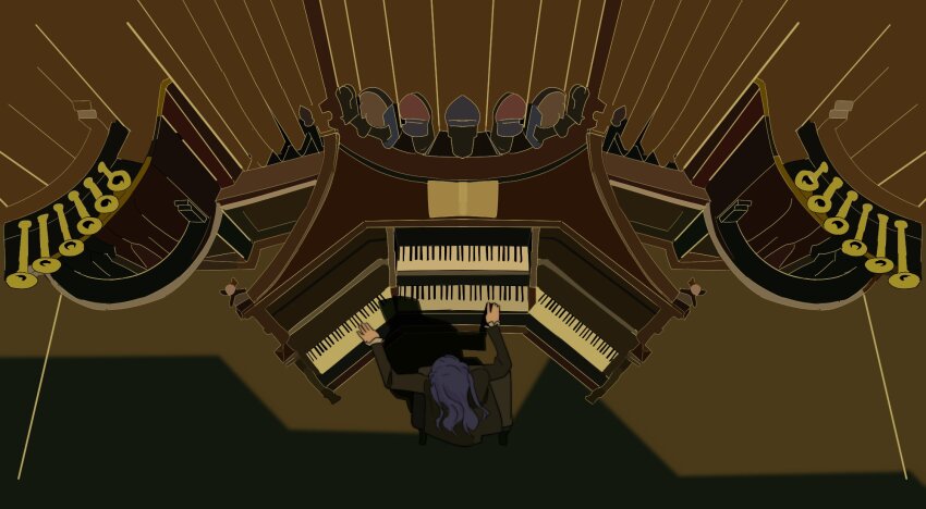 1girl bang_dream! bang_dream!_it&#039;s_mygo!!!!! black_shirt blue_hair from_above highres indoors instrument long_hair long_sleeves music organ_(instrument) pipe_organ playing_instrument playing_piano shirt sigangsan sitting solo togawa_sakiko
