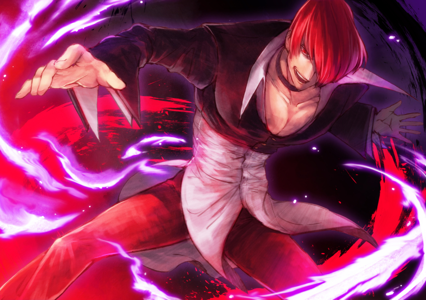 1boy absurdres choker cropped_jacket fire food_fighter_441 grin hair_over_one_eye highres jacket male_focus pants pectoral_cleavage pectorals purple_fire pyrokinesis red_eyes red_hair red_pants shirt short_hair smile snk solo the_king_of_fighters yagami_iori
