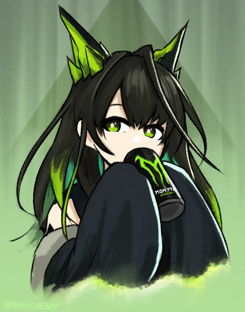 1girl arknights black_hair black_jacket breasts bright_pupils can character_name che3zy colored_inner_hair cropped_torso drink drink_can green_background green_eyes green_hair hair_between_eyes highres holding holding_can holding_drink humanization jacket material_growth medium_breasts mon3tr_(arknights) monster_energy multicolored_hair oripathy_lesion_(arknights) product_placement pun sleeves_past_fingers sleeves_past_wrists solo white_pupils