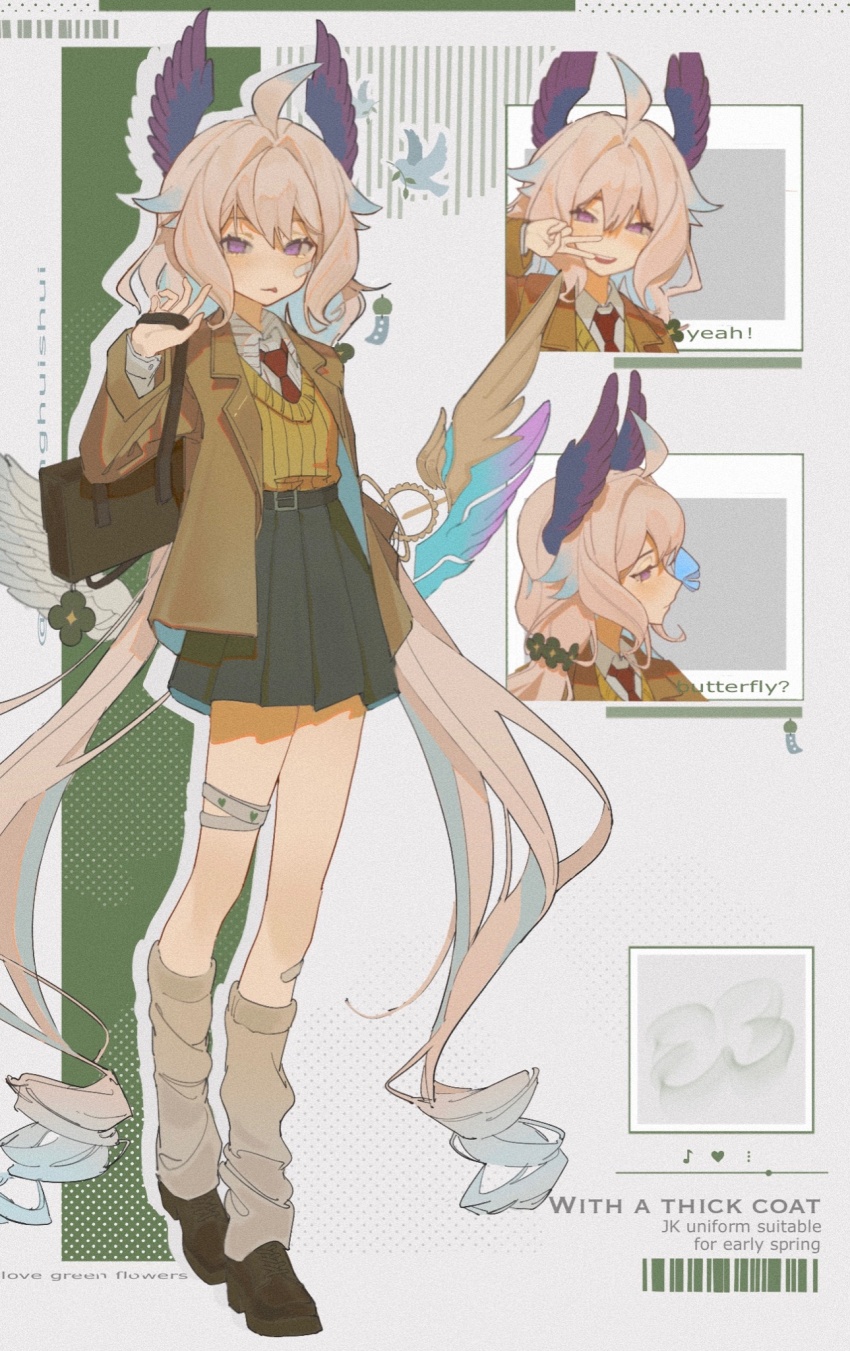 1girl :d :p ahoge bag bandaid bandaid_on_face bandaid_on_leg bird blazer blonde_hair blush brown_jacket bug butterfly butterfly_on_nose commentary dove english_commentary enna_alouette full_body head_wings highres holding holding_bag insect jacket long_hair looking_at_viewer loose_socks low_twintails low_wings multiple_views necktie nijisanji nijisanji_en open_mouth pleated_skirt purple_eyes red_necktie school_bag school_uniform single_mechanical_wing skirt smile socks tongue tongue_out twintails v very_long_hair virtual_youtuber wings xi_chang_hui_shui