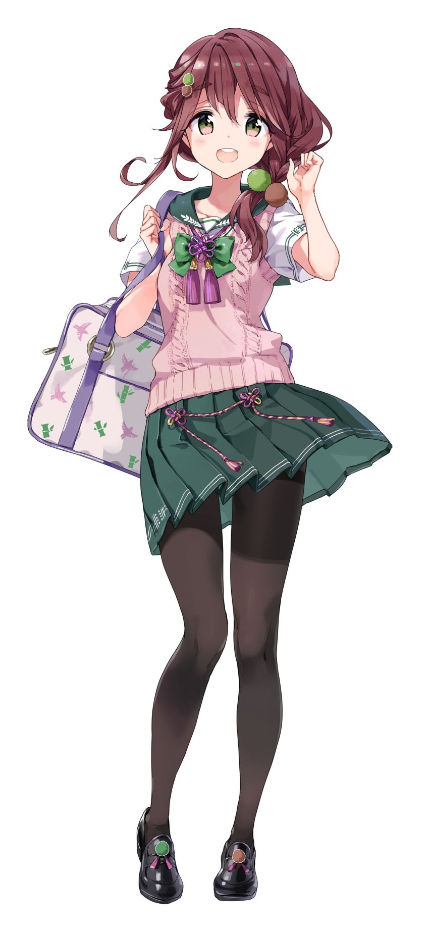 1girl :d absurdres akiu_nanako animal_print aran_sweater bag bamboo_print bird_print black_shoes blush bow bowtie braid brown_hair brown_pantyhose buck_teeth cable_knit collarbone female_focus fingernails full_body green_bow green_bowtie green_eyes green_skirt hair_ornament hair_over_shoulder hairclip hand_to_head hands_up highres legs_apart long_hair looking_at_viewer onsen_musume open_mouth pantyhose pleated_skirt pom_pom_(clothes) purple_ribbon ribbon sailor_collar school_bag school_uniform serafuku shirt shoes short_eyebrows short_sleeves shoulder_bag simple_background single_braid skirt smile solo standing sweater sweater_vest tassel teeth thick_eyebrows tiv white_background white_shirt zipper