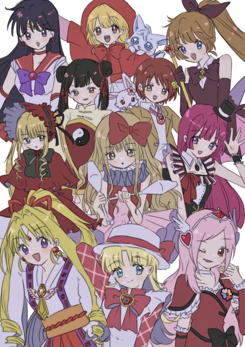 6+girls akazukin_chacha animal arm_up ashita_no_nadja atat_karubi bishoujo_senshi_sailor_moon black_bow black_bowtie black_hair blonde_hair blue_eyes bonnet bow bowtie brooch brown_hair capelet cardcaptor_sakura chacha_(akazukin_chacha) chinese_clothes choker cloak closed_mouth clown_drop color_connection commentary crossover cure_passion dot_mouth double_bun dress drill_hair earrings elbow_gloves english_commentary female_focus flower fresh_precure! frilled_dress frills gloves hair_bow hair_bun hair_flower hair_ornament hair_ribbon haneoka_meimi hat heart heart_brooch heart_hair_ornament higashi_setsuna high_ponytail highres hino_rei hojo_sophy holding holding_wand japanese_clothes jewelpet jewelpet_(series) jewelry juggling_club kaitou_jeanne kaitou_saint_tail kamikaze_kaitou_jeanne kimono kougyoku_rinko kusakabe_maron li_meiling light_smile long_hair looking_at_viewer magical_girl mashiro_rima mini_hat mini_top_hat multiple_crossover multiple_girls nadja_applefield neck_ruff obi one_eye_closed open_mouth pink_dress pink_hair ponytail precure pretty_series pripara purple_bow purple_bowtie purple_eyes rabbit red_bow red_bowtie red_capelet red_choker red_dress red_eyes red_gloves red_hair red_ribbon red_sailor_collar red_theme ribbon riiya_(akazukin_chacha) rozen_maiden ruby_(jewelpet) sailor_collar sailor_mars sailor_senshi_uniform saint_tail sash shinku short_hair shugo_chara! sleeveless sleeveless_dress tiara top_hat twintails wand wavy_hair white_gloves wink wolf wristband yellow_eyes yin_yang yin_yang_print yukata