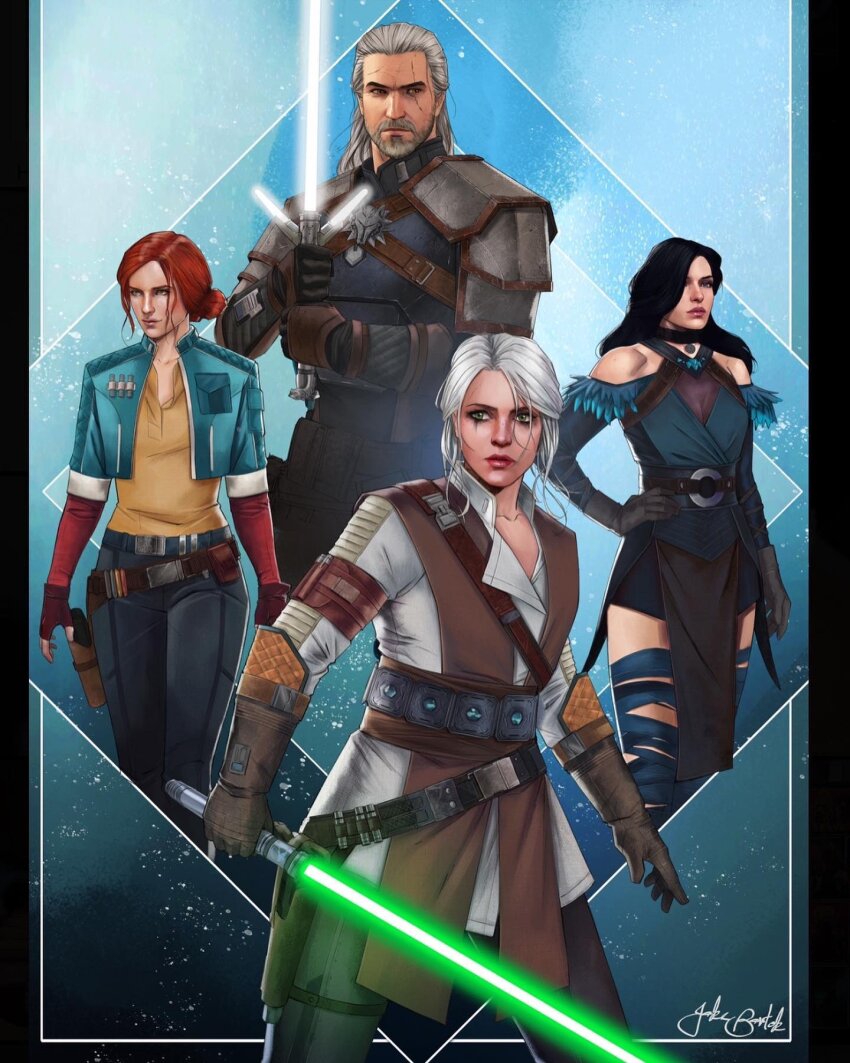 1boy 3girls aqua_jacket armor belt black_choker black_hair black_pants brown_gloves choker ciri cropped_jacket energy_sword fingerless_gloves geralt_of_rivia gloves green_eyes green_lightsaber hand_on_own_hip highres holding holding_sword holding_weapon jacket jr_bartok lightsaber multiple_girls open_clothes open_jacket pants pendant_choker red_hair scar scar_across_eye scar_on_face shirt signature sword the_witcher_(series) the_witcher_3 triss_merigold weapon white_hair white_lightsaber yellow_shirt yennefer_of_vengerberg