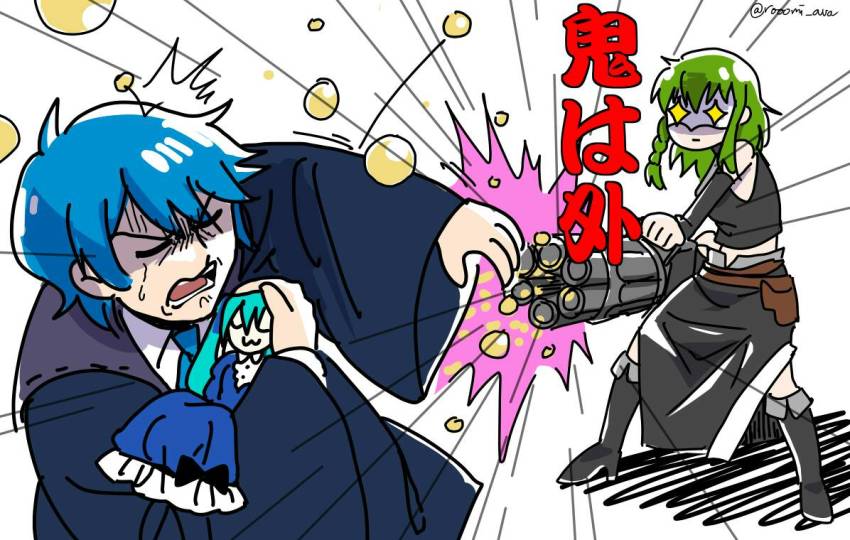 +_+ 1boy 2girls :3 akutoku_no_judgement_(vocaloid) aqua_hair beans blazer blue_dress blue_eyes blue_hair braid clockworker&#039;s_doll closed_eyes covering_privates crop_top crossdraw_holster detached_sleeves doll domino_mask dress evillious_nendaiki father_and_daughter firing frilled_dress frills frown gallerian_marlon gatling_gun green_hair gumi gun hatsune_miku hitting holding holding_doll holster houtei_no_nushi jacket judge kaito_(vocaloid) long_coat long_hair long_skirt machine_gun mamemaki mask midriff multiple_girls necktie nemesis_no_juukou_(vocaloid) nemesis_sudou pain protecting rooomi setsubun short_hair side_braid side_slit skirt twintails twitter_username uwu vocaloid weapon