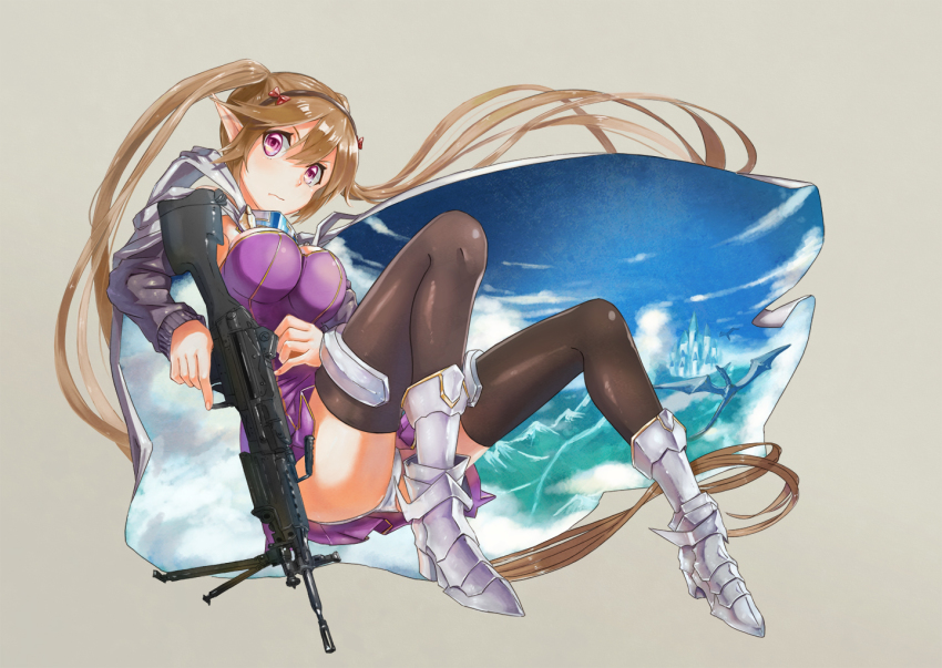 &gt;:/ 10s 1girl :/ armor armored_boots beige_background black_thighhighs blush boots bow breasts brown_hair cape castle closed_mouth dragon dress female_focus from_side full_body gun hairband hand_on_own_stomach high_heels holding holding_gun holding_weapon light_machine_gun long_hair long_sleeves m249_saw machine_gun medium_breasts mountain myucel_foalan outbreak_company panties pantyshot pointy_ears purple_dress purple_eyes ranyu ranyu_kuro red_bow simple_background sitting sky solo strapless strapless_dress thighhighs trigger_discipline twintails underwear v-shaped_eyebrows very_long_hair weapon weapon_request white_panties