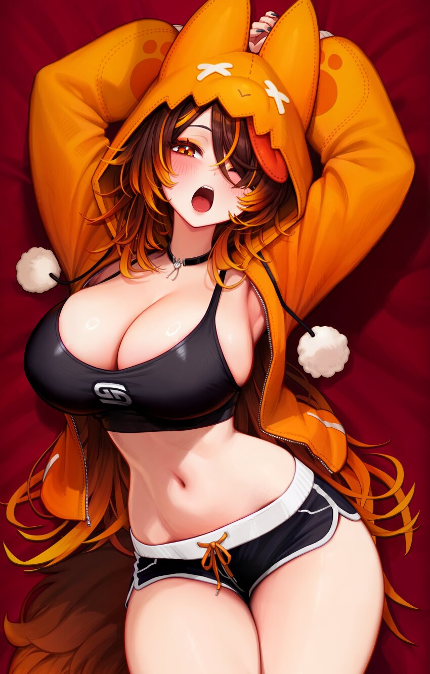 1girl absurdres alternate_costume animal_ears animal_hood armpit_peek armpits arms_behind_head arms_up bed_sheet black_choker black_nails black_shirt black_shorts breasts brown_hair camisole choker cleavage clickdraws commentary cowboy_shot crop_top dolphin_shorts drawstring english_commentary fake_animal_ears gradient_hair highres hood hooded_jacket indie_virtual_youtuber jacket large_breasts long_hair long_sleeves looking_at_viewer lying micro_shorts midriff multicolored_hair nail_polish navel official_alternate_costume official_alternate_hairstyle official_art on_back one_eye_closed open_clothes open_jacket open_mouth orange_eyes orange_hair orange_jacket second-party_source shirt short_shorts shorts sinder_(vtuber) sinder_(vtuber)_(pyro_pajamas) sleeveless sleeveless_shirt solo stomach thighs two-tone_hair very_long_hair virtual_youtuber
