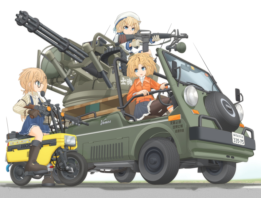 3girls ammunition_chute anti-aircraft anti-aircraft_gun arm_garter assault_rifle beret black_footwear black_gloves blonde_hair blue_eyes blue_skirt boots car electronic_firearm gatling_gun gloves green_eyes gun hair_ornament hair_tie hairclip hat highres holding holding_weapon honda honda_motocompo honda_vamos jacket light_brown_hair logo long_sleeves looking_at_another m16 m167_vads m16a1 m61_vulcan mikeran_(mikelan) military military_vehicle minibike miniskirt motor_vehicle motorcycle multiple_girls noped orange_jacket original pleated_skirt ribbed_shirt riding rifle rotary_cannon school_uniform serafuku shirt short_hair simple_background single_horizontal_stripe sitting skirt spare_tire suspender_skirt suspenders turret turtleneck unused_tire van vehicle_focus weapon weapon_request white_background white_headwear white_shirt