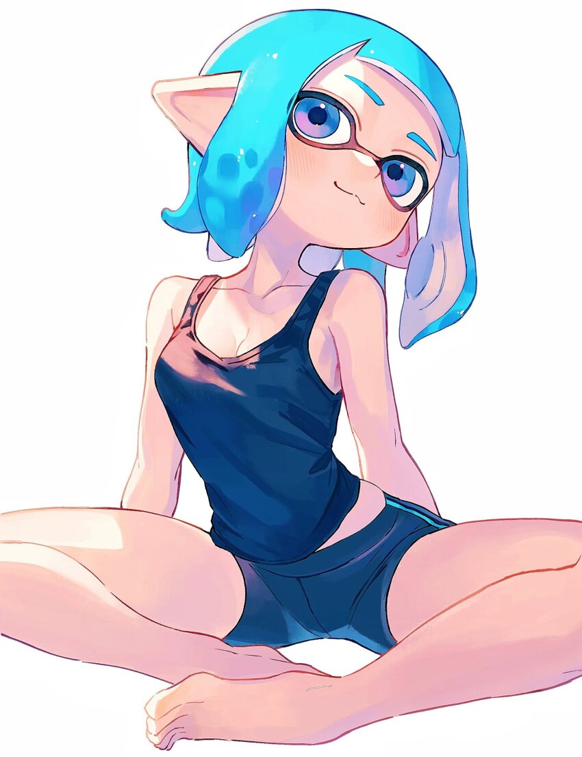 1girl barefoot bike_shorts blue_eyes blue_hair breasts cleavage closed_mouth collarbone commentary_request highres inkling inkling_girl inkling_player_character kodak_painter long_hair looking_at_viewer medium_hair nintendo pointy_ears simple_background sitting smile solo splatoon_(series) splatoon_3 tentacle_hair white_background