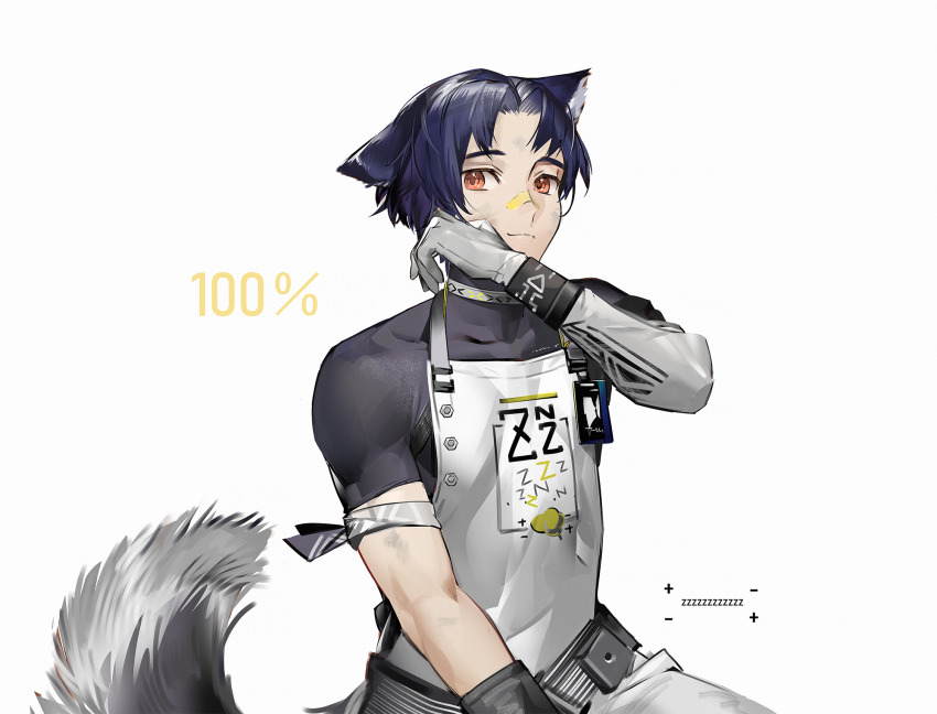 1boy animal_ears apron arknights armband bandaid bandaid_on_face bandaid_on_nose bishounen black_hair black_shirt dog_boy dog_ears dog_tail gloves highres infection_monitor_(arknights) male_focus orange_eyes shirt short_hair solo tail toned toned_male white_apron white_gloves windflit_(arknights) wiping_face yyb