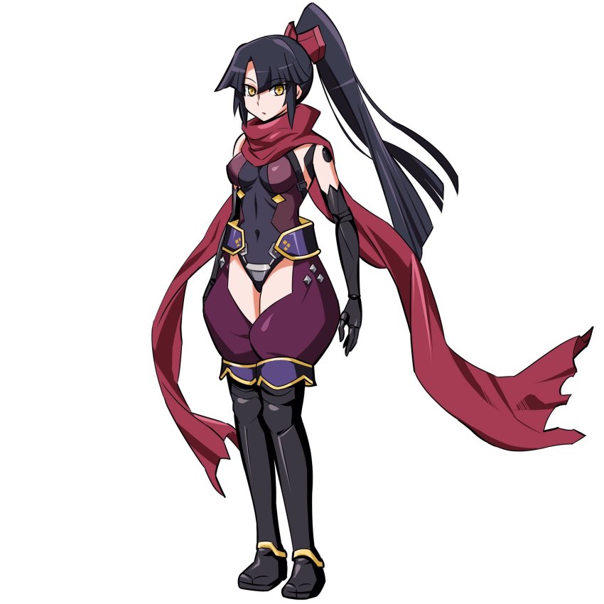 1girl black_hair bow breasts commentary_request covered_navel fate/grand_order fate_(series) female_focus hair_bow highres inoue_kousei katou_danzou_(fate) leotard long_hair long_scarf looking_at_viewer mechanical_arms medium_breasts ponytail scarf sleeveless solo thighhighs white_background yellow_eyes