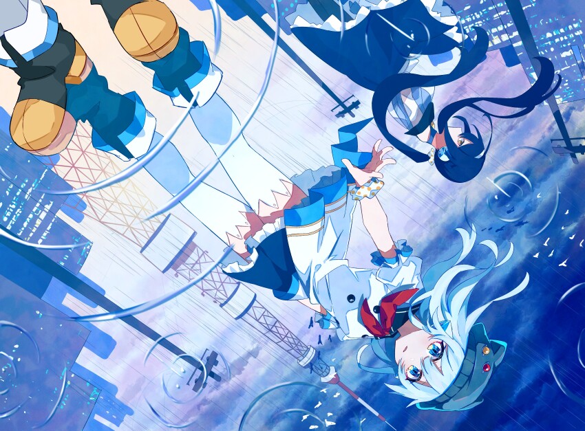 2girls absurdres akatsuxe ankle_boots beret bird black_footwear blue_eyes blue_hair boots building commentary_request dress frilled_dress frills hair_between_eyes hat high_heel_boots high_heels highres hoppe_(rotaeno) ilot_(rotaeno) light_blue_hair long_hair multiple_girls neckerchief parted_lips rain red_neckerchief reflection reflection_focus rotaeno short_sleeves thighhighs transmission_tower utility_pole white_dress white_thighhighs yellow_eyes